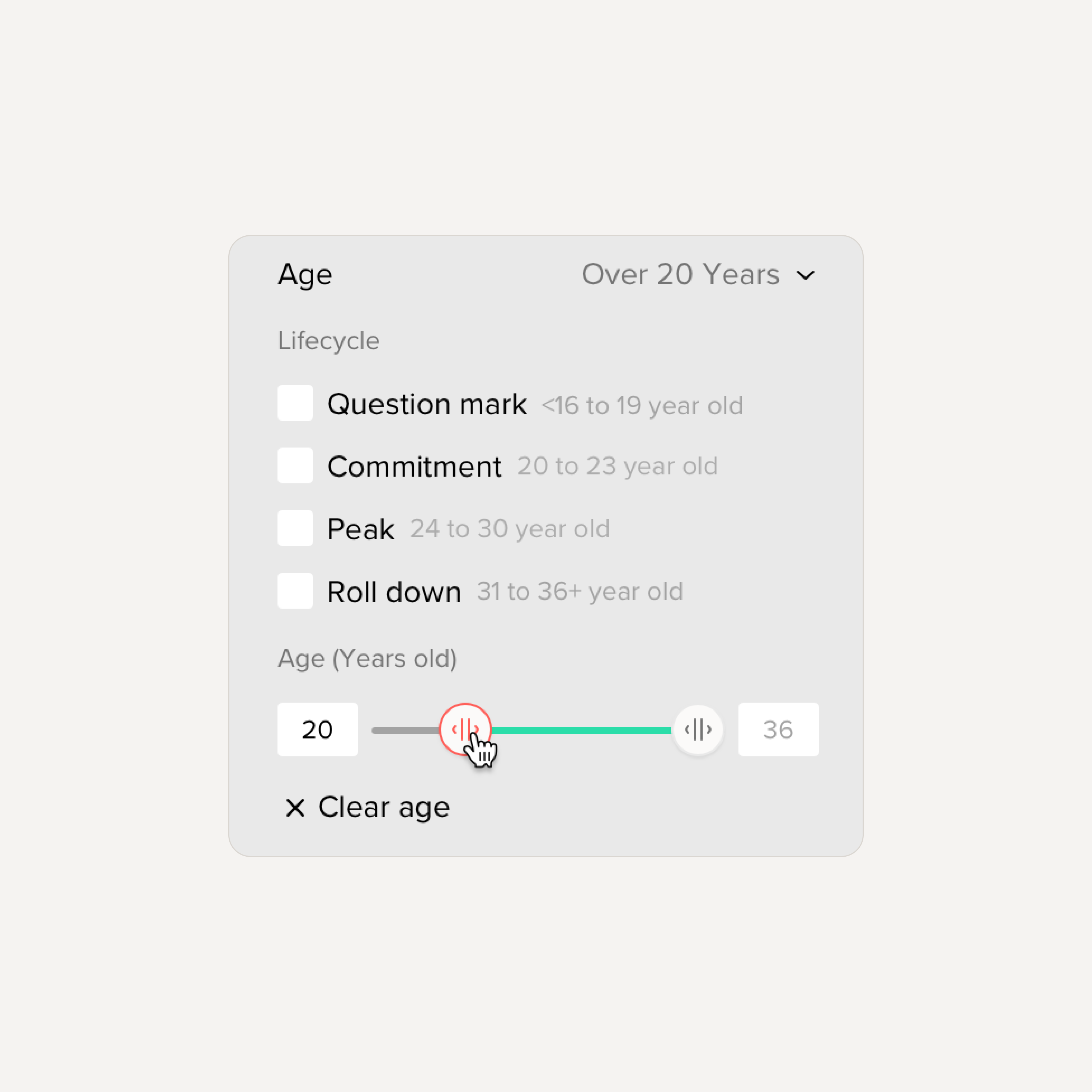 Age filter combining lifecycle choices with an adjustable range