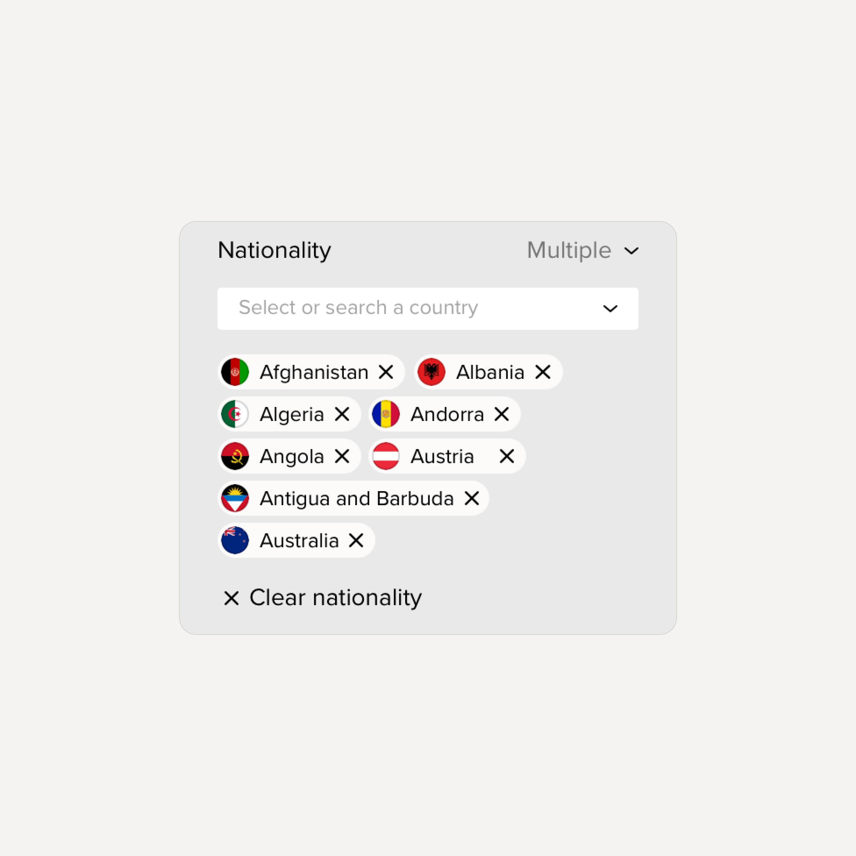 Nationality filter with country search and selected country tags