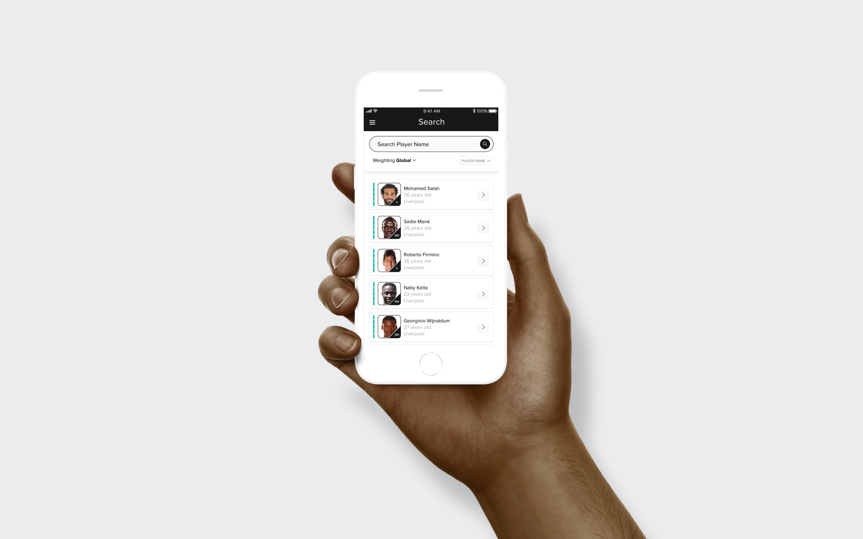 Evolution mobile player search displayed in a phone held in one hand