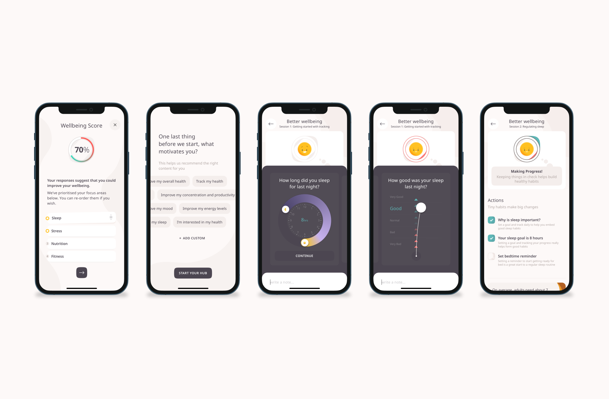 Three Healthily Better wellbeing screens for tracking sleep and completing healthy actions