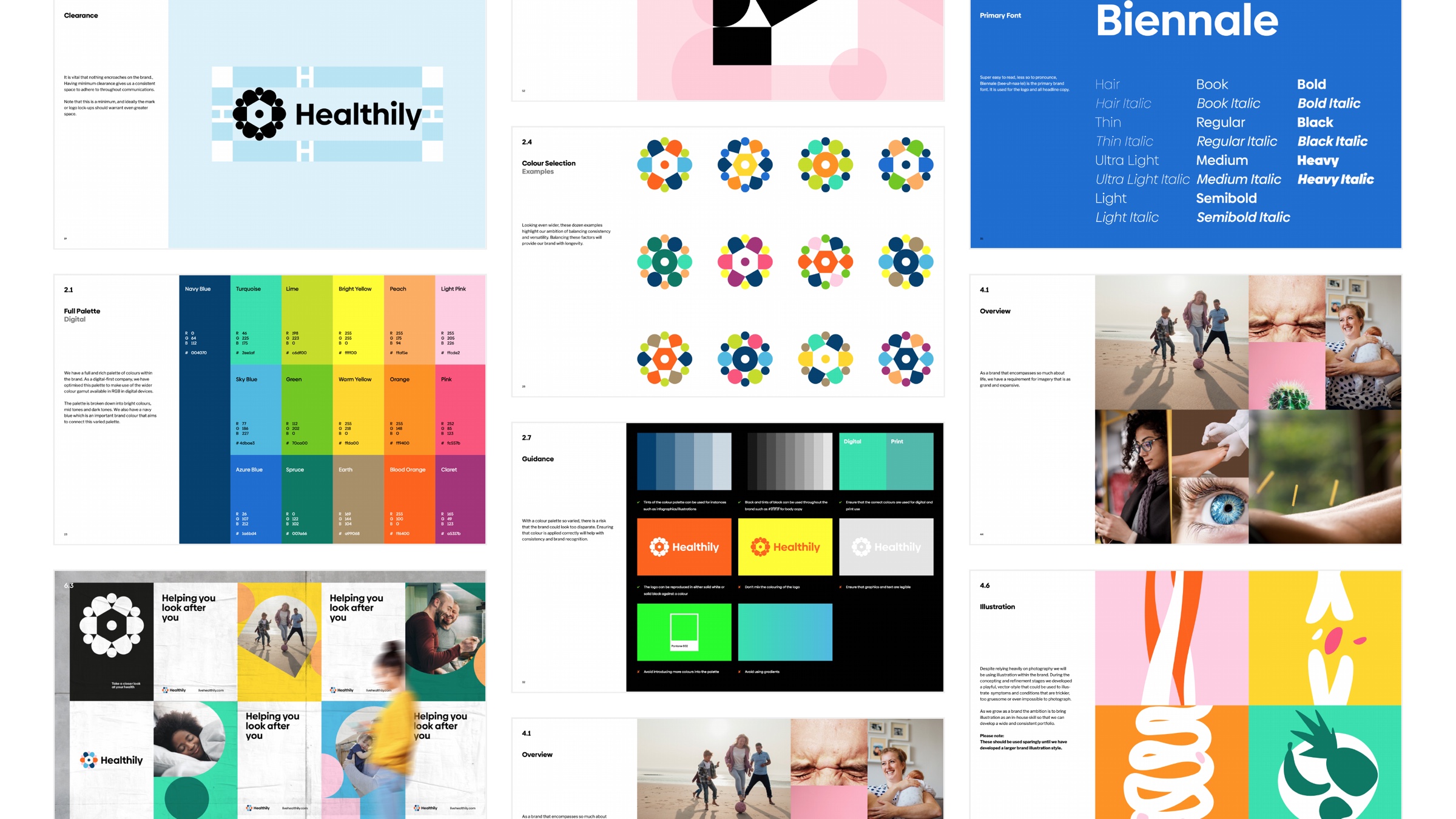 Healthily brand exploration showing the logo, colour palette, typography, imagery and identity applications
