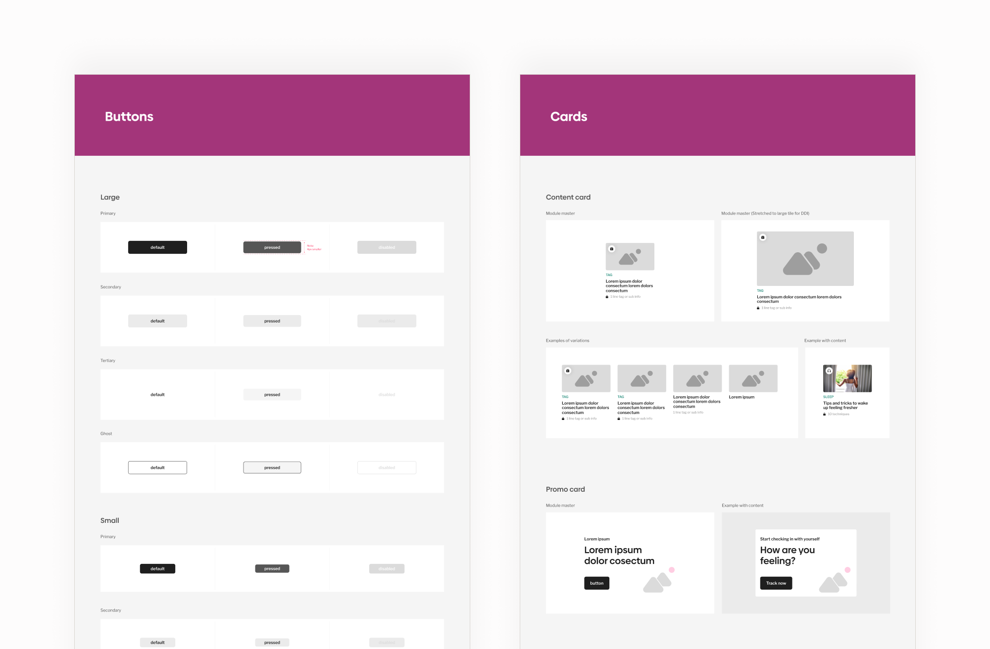 Healthily design-system documentation for button states and reusable content cards