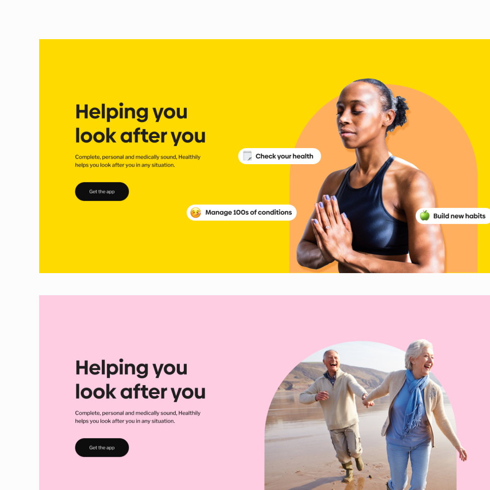 Healthily mobile product design showing assessment, insight and progress interfaces