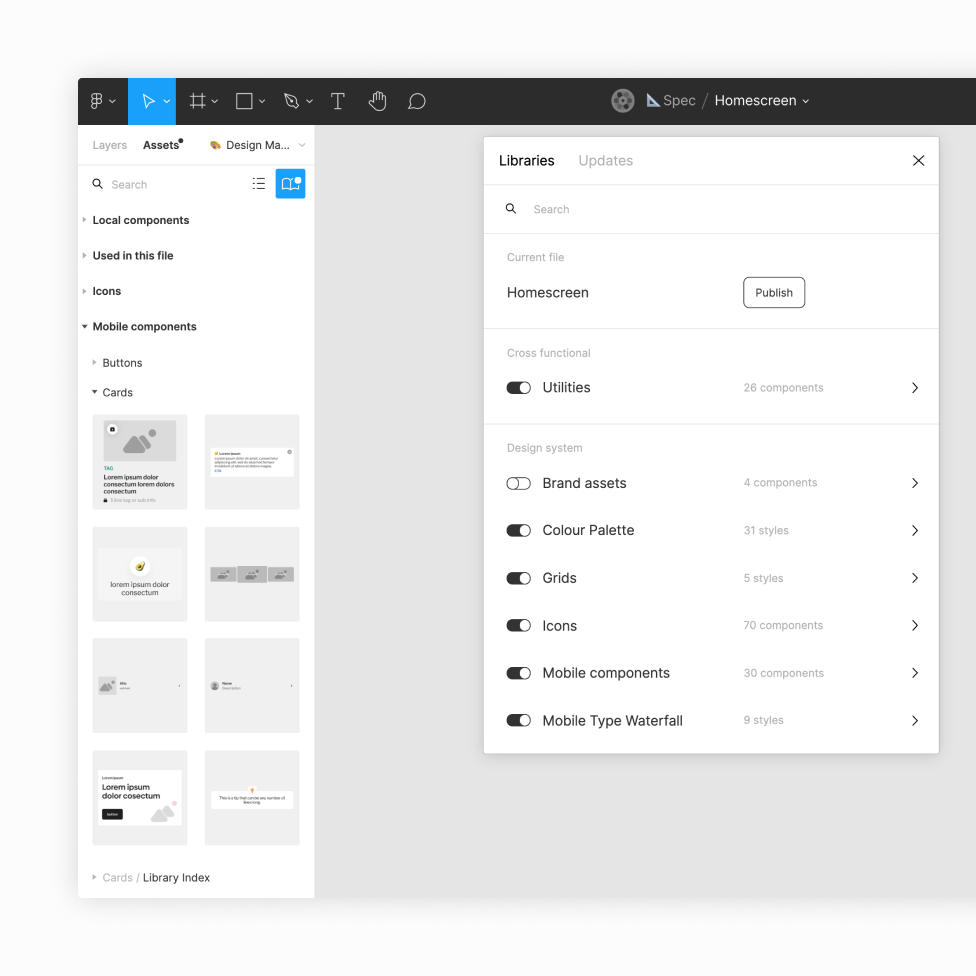 Healthily Figma component library showing shared mobile components, icons, grids and styles