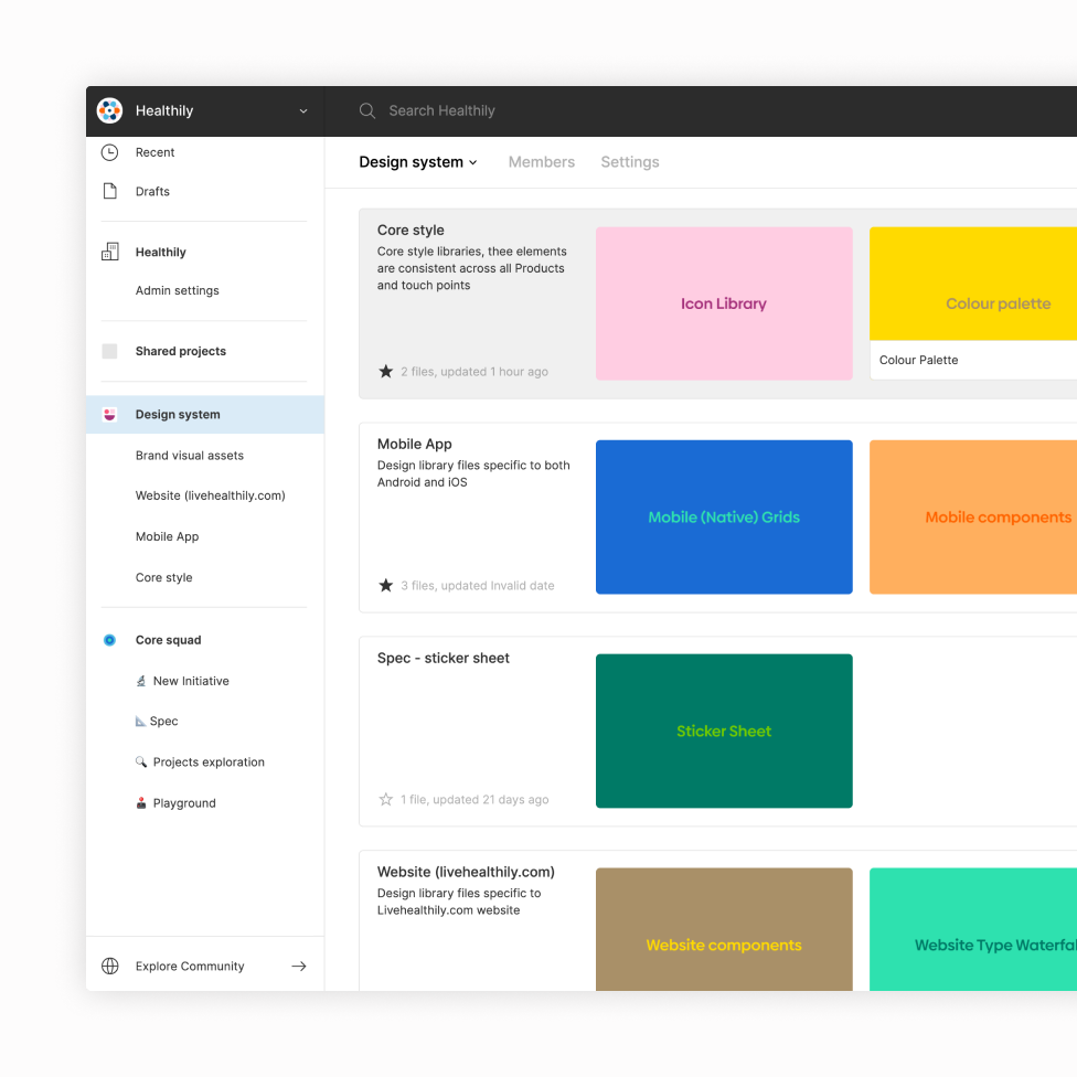 Healthily design-system projects organised in Figma across core styles, mobile and web libraries