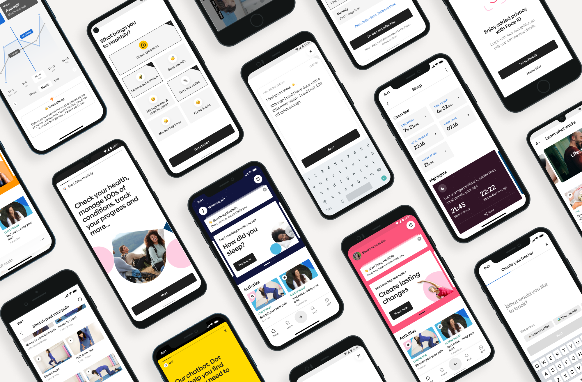 Healthily product screens showing health assessments, guidance, tracking and content across mobile and web