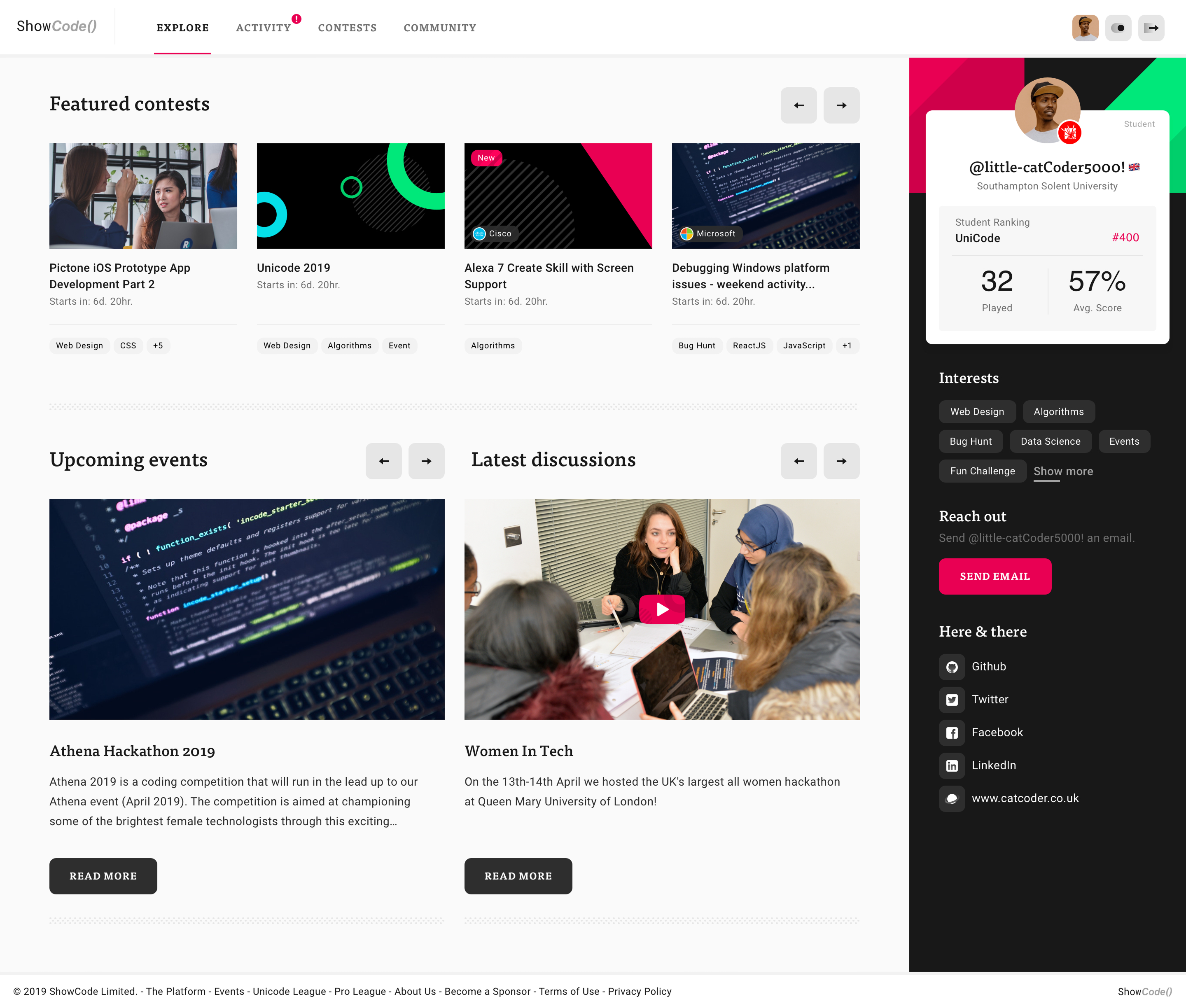 ShowCode Explore page with featured contests, upcoming events, discussions and a developer profile