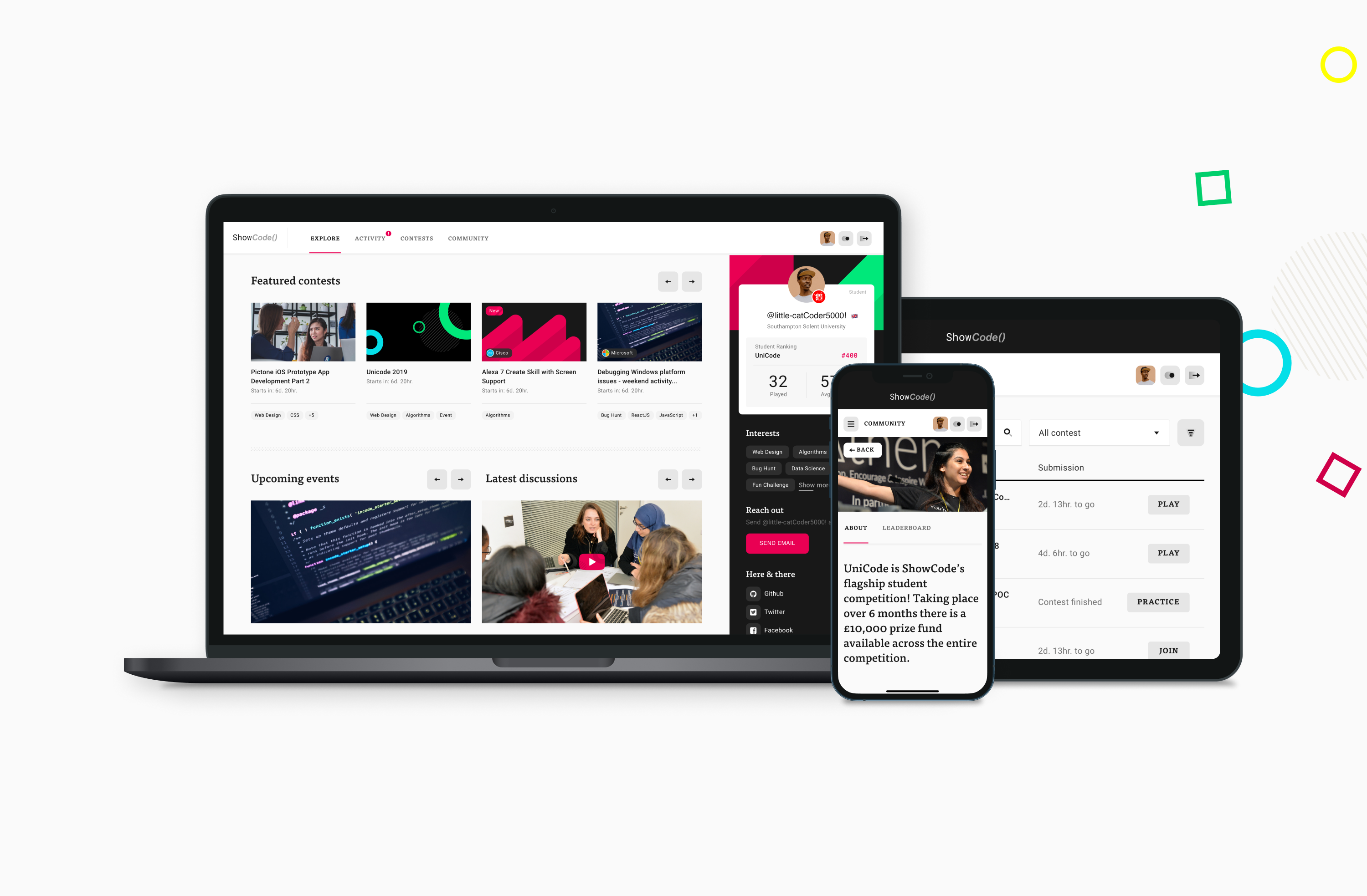 ShowCode competition platform displayed across laptop, tablet and mobile devices